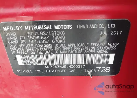 2018 Mitsubishi Mirage Es z USA, uszkodzony, nr VIN ML32A3HJ9JH000377